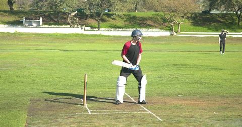 Cricket batsman ready at crease during match on sunny day