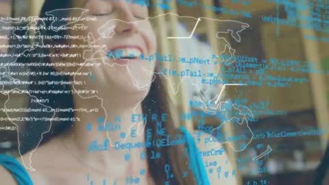 Smiling Woman Interacting with Global Digital Code Overlay