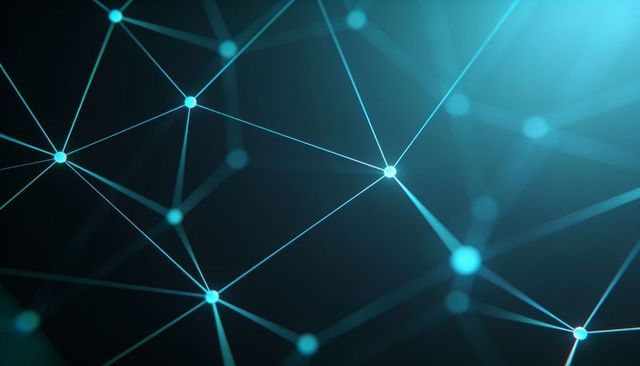 Turquoise neural network mesh connecting glowing nodes on dark digital backdrop