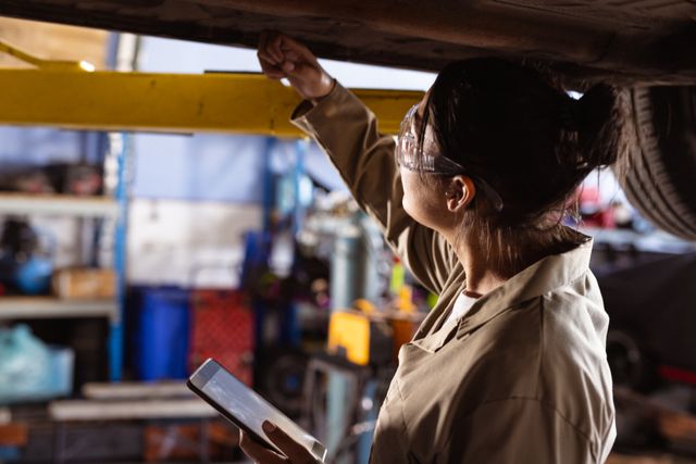 Female mechanic examining car undercarriage while holding a digital tablet in an automotive workshop. She is wearing safety goggles and work attire, indicating a professional and technical environment. This image can be used for promoting automotive repair services, engineering education, technology in manufacturing, and gender diversity in technical professions.
