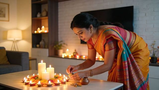 South asian woman decorating diwali altar lighting diyas and candles in silk saree in living room