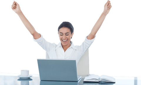 Transparent Joyful Businesswoman Celebrating Success at Office Desk - Download Free Stock Videos Pikwizard.com