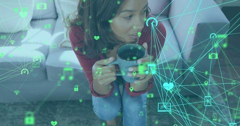 Woman Enjoying Coffee Amidst Digital Network Connections at Home