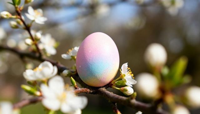 Pastel easter egg nesting on cherry blossom branch for spring holiday decoration