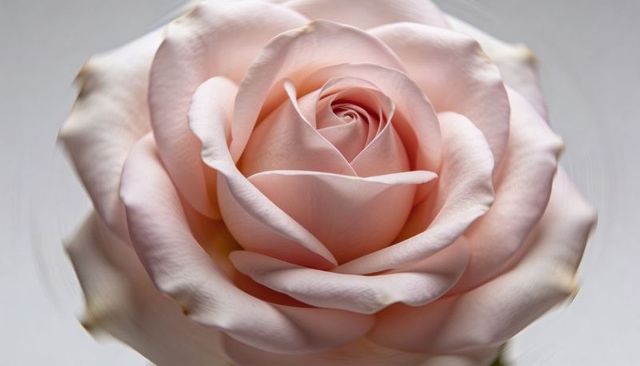 Blooming pale pink rose macro with layered velvety petals and soft neutral background