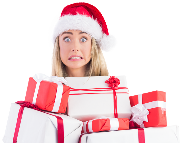 Surprised Woman in Santa Hat Holding Stack of Gifts on Transparent Background - Download Free Stock Videos Pikwizard.com