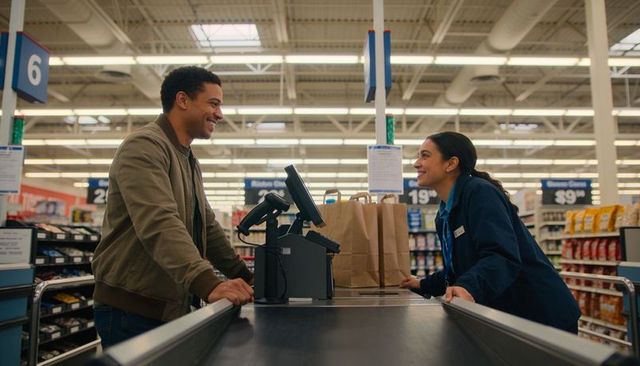 Smiling shopper and friendly cashier chatting at grocery checkout with paper bags
