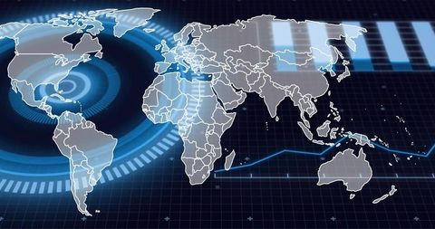 Digital world map dashboard showing real-time geospatial data visualization and analytics