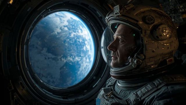 Pensive astronaut gazing at earth through spacecraft window