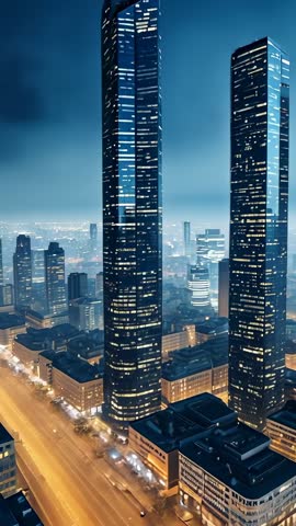 Descending Drone Capturing Illuminated Glass Towers and Busy Avenue in Modern Downtown