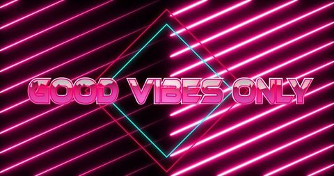 Good vibes only neon sign with vibrant geometric frame