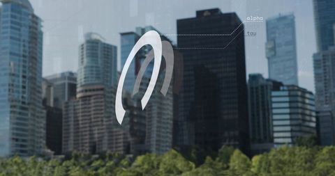 Digital data interface displayed over a city skyline, blending technology with modern architecture. This visualization represents the integration of data analytics in urban settings, suitable for illustrating tech innovation, business growth, financial analysis communication, and future city concepts within reports, presentations, or advertising materials.
