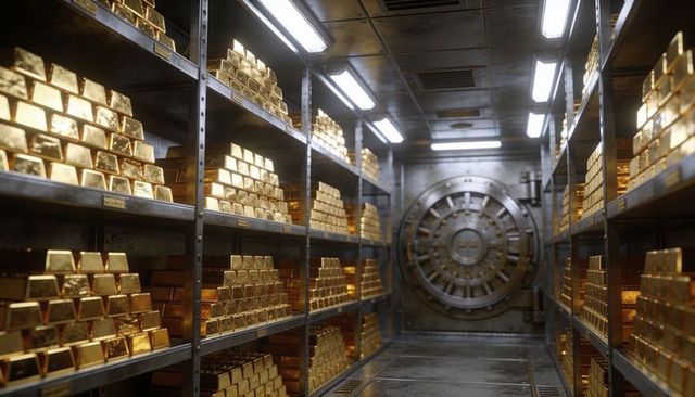 Stacked gold bars filling secure bank vault shelves with heavy round door under led lighting