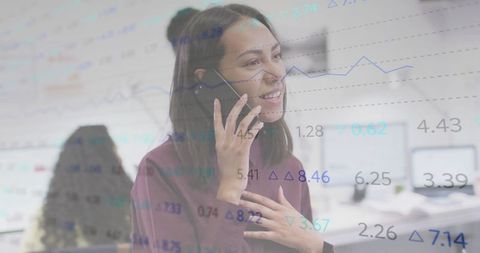 Business Professional Communicating in Office with Data Overlay