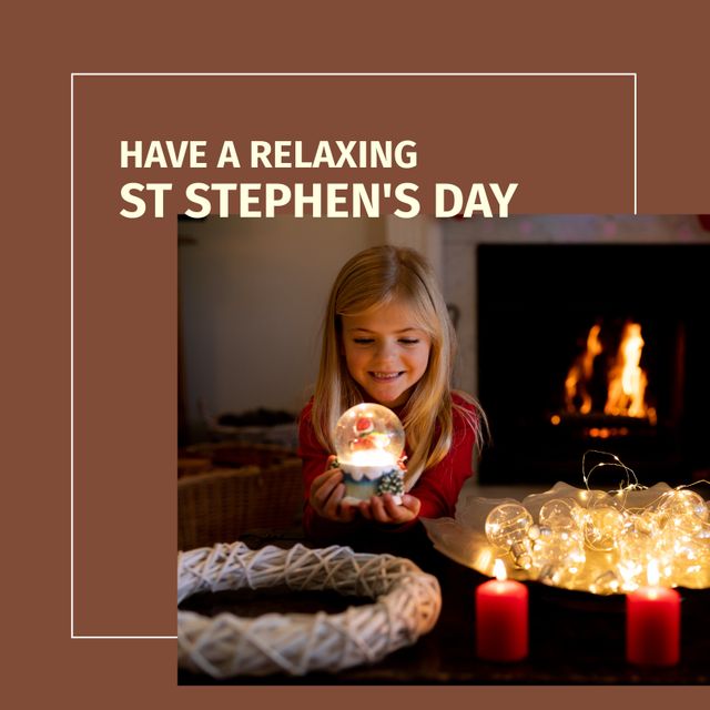 St. Stephen's Day Celebration with Girl Holding Snow Globe by Fireplace - Download Free Stock Templates Pikwizard.com