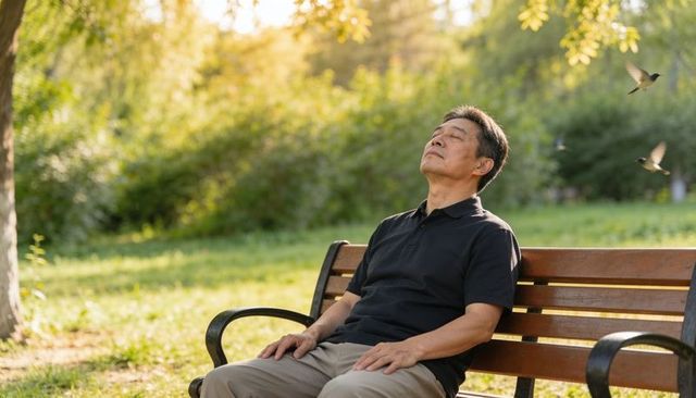Middle-aged asian man resting on wooden bench in sunlit park during golden hour