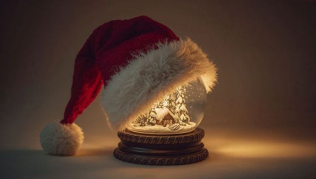 Glowing Christmas snow globe wearing Santa hat with miniature cabin and pine trees