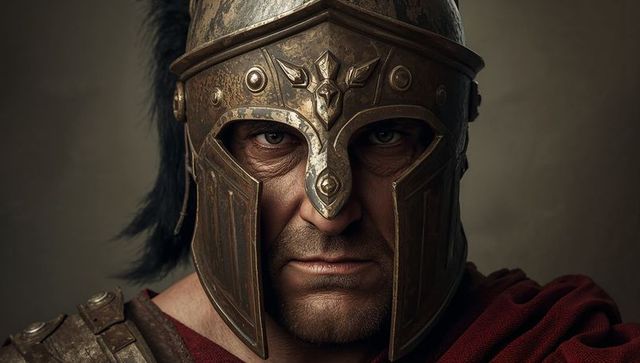 Stoic spartan warrior wearing weathered bronze helmet red cloak intense close-up portrait