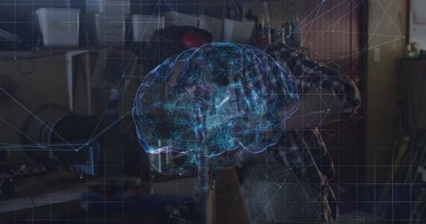Engineer Analyzing Holographic Brain in Innovative Lab Setting