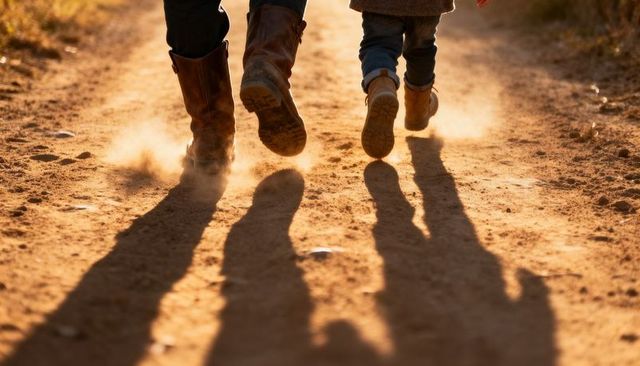 Parent and child running on dusty country trail at golden hour, boots kicking up dust
