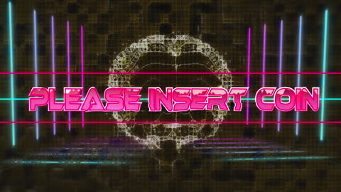 Retro Futuristic Insert Coin Neon Text Over Holographic Grid