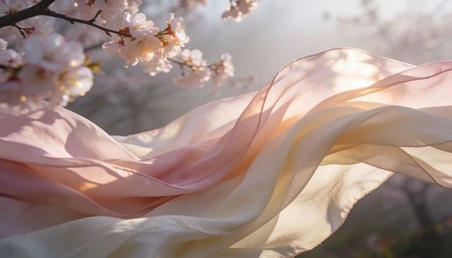 Sunlit pastel chiffon flowing through cherry blossom orchard for romantic spring background