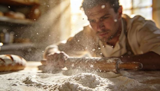 Artisan baker rolling dough with flour cloud in warm sunlit rustic bakery