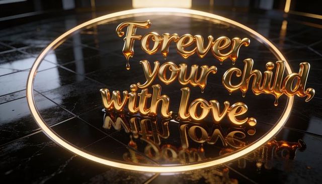 Glowing gold dripping script 'forever your child, with love' on mirrored tile floor