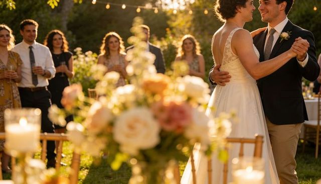 Bride and groom dancing at golden hour outdoor wedding reception