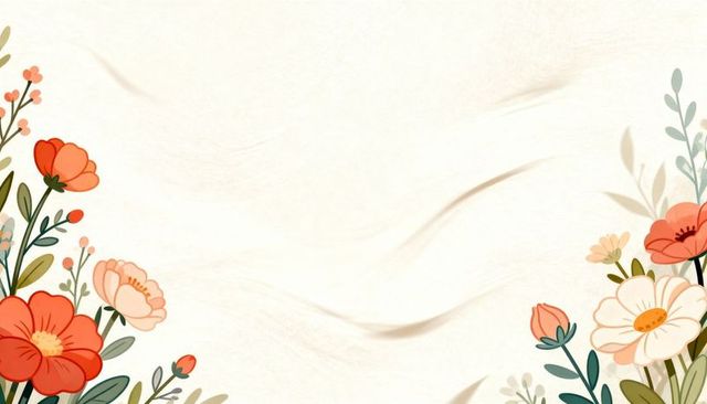 Pastel floral border featuring coral poppies, peach blooms and white daisies on cream