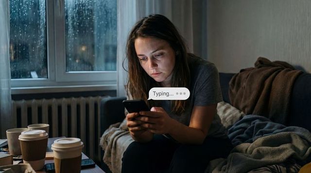 Late-night texting on couch by rainy window with takeout cups and cozy blanket