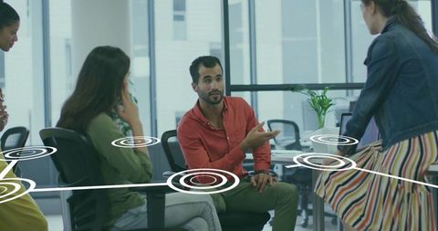 Modern Team Collaboration with Network Graphics in Office Meeting