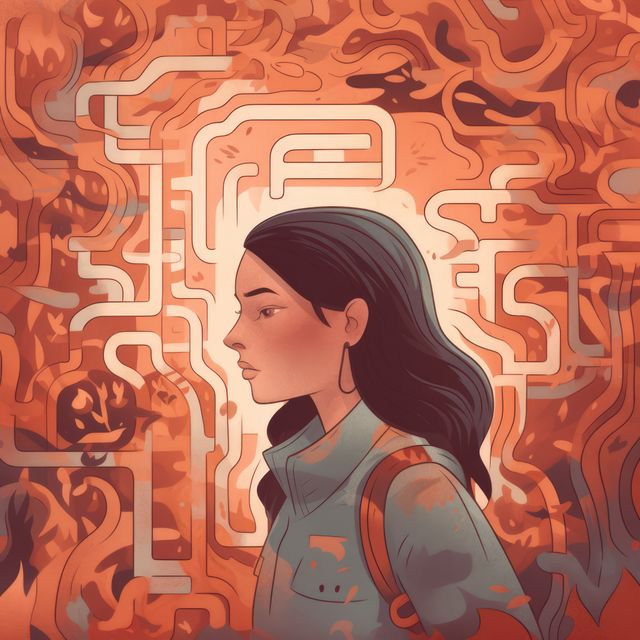 Young woman with dark hair looking pensive, surrounded by abstract orange and brown shapes forming a maze-like pattern. Useful for projects related to creative thinking, problem solving, artistic expression, and introspection.