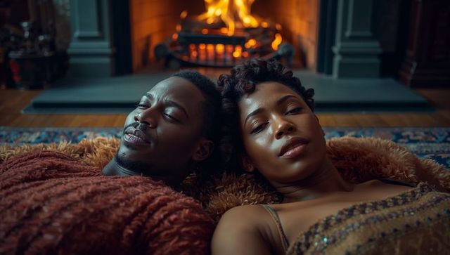 Couple relaxing by cozy fireplace on shaggy rug