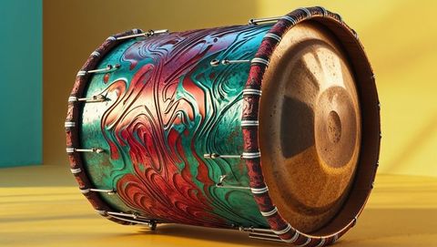 Artistic hand drum with swirled red and teal design