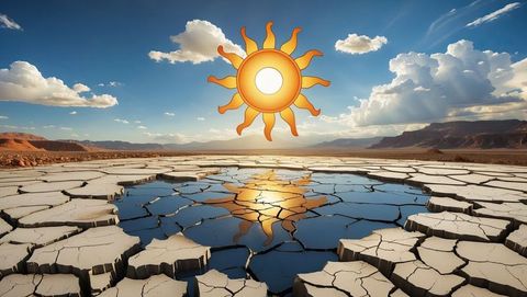 Arid desert landscape with radiant sun icon, drought concept