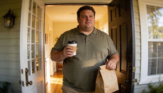 Man carrying coffee cup and brown paper bag leaving home through open front door morning light