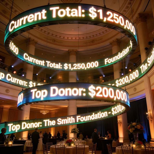Scrolling led donor rings showing fundraising totals at elegant charity gala ballroom