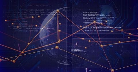 Visualizing Global Data Network with Glowing Nodes, Orange Links and Digital Grid Interface