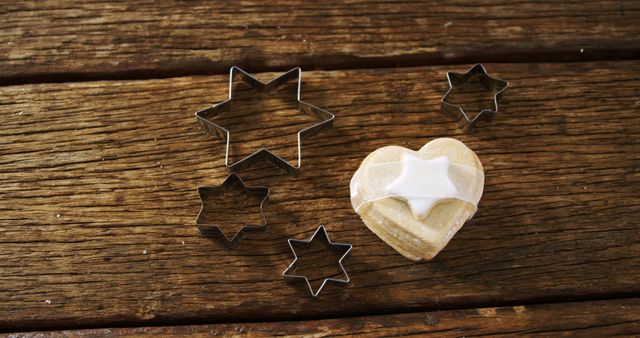 Heart-shaped cookies and star-shaped cookie cutters on wooden background - Download Free Stock Images Pikwizard.com