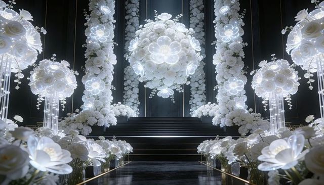 Luminous white floral aisle with hanging crystal flower sphere in grand ceremonial hall