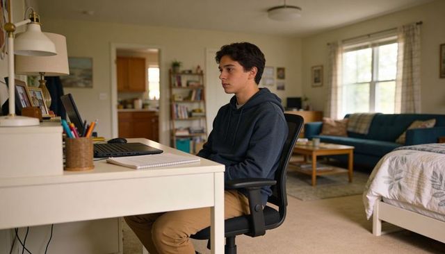 Teenager studying at home desk with laptop and notebook in cozy bedroom workspace