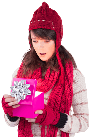Excited Woman in Red Henieimony Setting Gloves Opening Gift Box