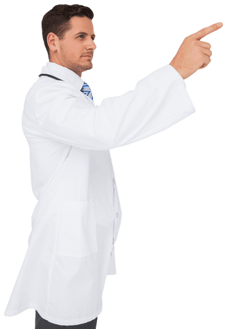 Transparent image caucasian male doctor pointing wearing white coat