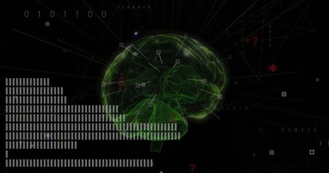 Glowing green brain wireframe sending radial links to neural network nodes with binary overlay