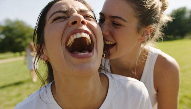 Sunlit friends laughing in park closeup playful summer joy authentic friendship moment