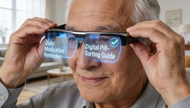 Senior man wearing ar glasses adjusting smartglasses with daily medication reminder guide