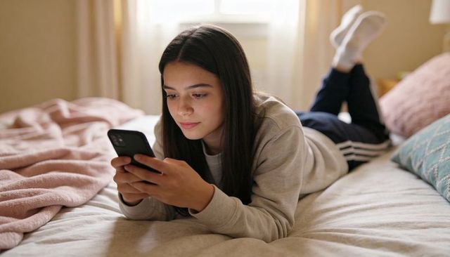 Teen girl lying on bed using smartphone in cozy pastel bedroom casual sweatshirt lifestyle