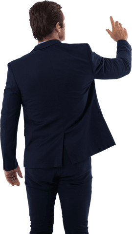 Businessman in dark suit pressing transparent virtual interface