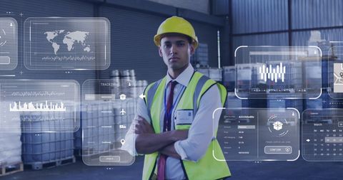 Warehouse Worker Analyzing Digital Data Overlays in Logistics Hub - Download Free Stock Images Pikwizard.com